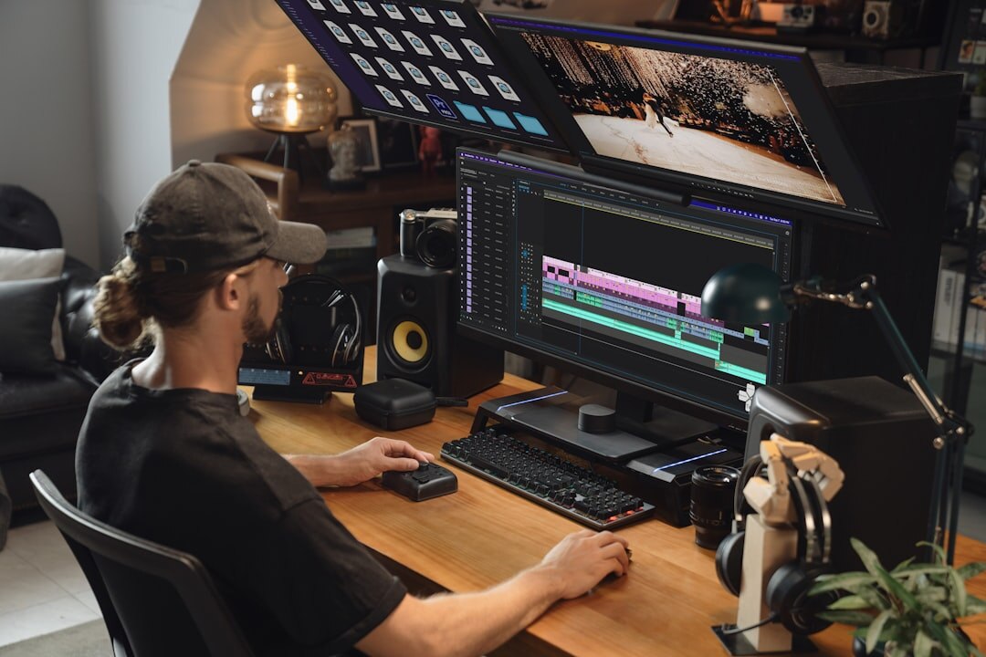 video editor working with headphones